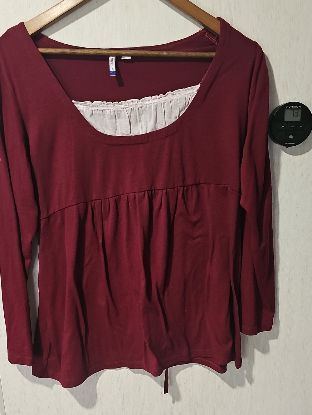 Planet Motherhood Burgundy Long Sleeve Scoop Neck Top with White Inset